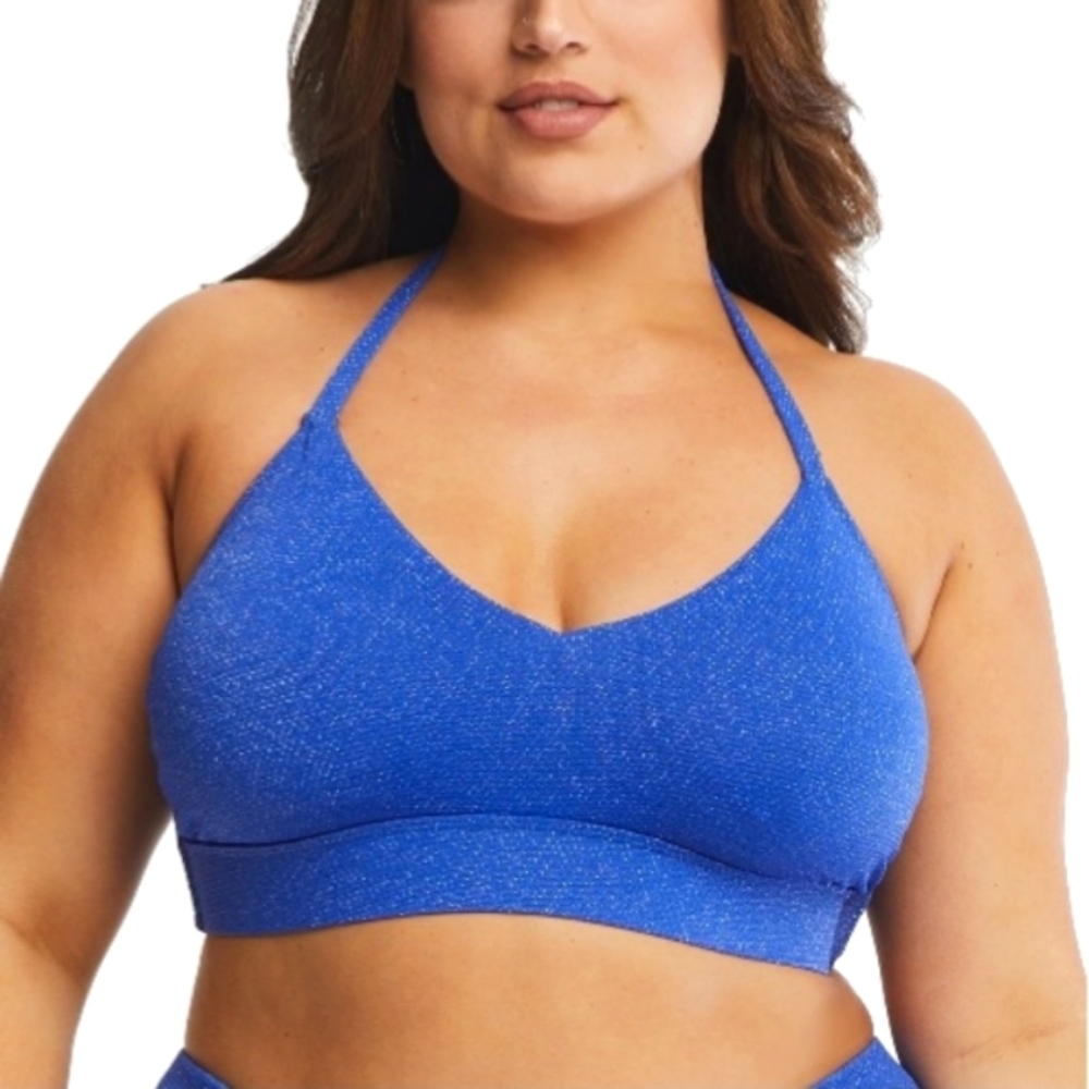New TIME & TRU Textured Metallic Thread Blue Halter Bralette Bikini Swimsuit Top